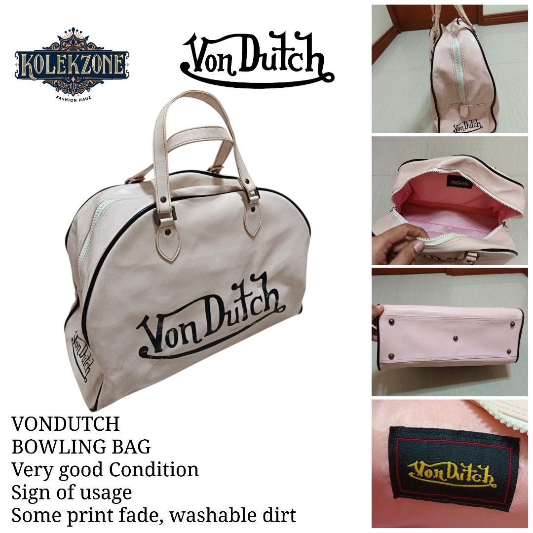 Von Dutch Pink Bowling Bag (Category: Shoulder Bags) located in Nasugbu. Submitted by staffpicks1515 (Listing ID 1468785803, Image 1). Description: - Brand: Von Dutch - Color: Pink with black branding - Style: Bowling bag with double top handles - Details: Chunky white zipper, protective metal feet, pink lining with logo patch - Condition: Minor signs of use, slight print fade, and some washable dirt.