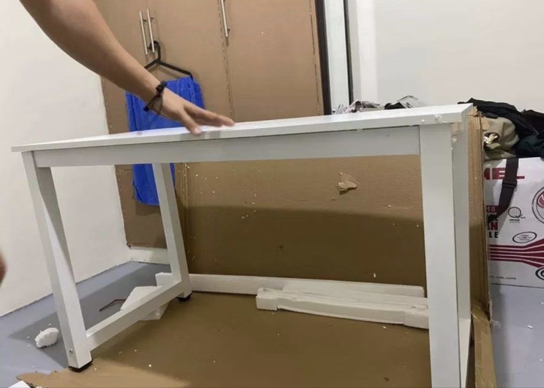 While study table (Category: Tables & Sets) located in Marikina City. Submitted by patpatndls (Listing ID 1468916541, Image 1). Description: - Color: White - Material: Sturdy steel and wood construction - Dimensions: 120cm x 60cm x 74cm - Style: Minimalist design, ideal for study, work from home, or office setup - Condition: Excellent physical condition as shown in actual photos.