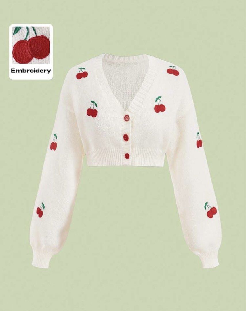 White Cherry Embroidered Crop Cardigan (Category: Coats, Jackets and Outerwear) located in Quezon City. Submitted by a10as (Listing ID 1468884469, Image 1). Description: - White cropped cardigan with playful red cherry embroidery - V-neckline with matching red front buttons - Long sleeves with ribbed cuffs and hem - Made from soft, comfortable knit material - Versatile piece that looks great with high-waisted jeans or skirts.