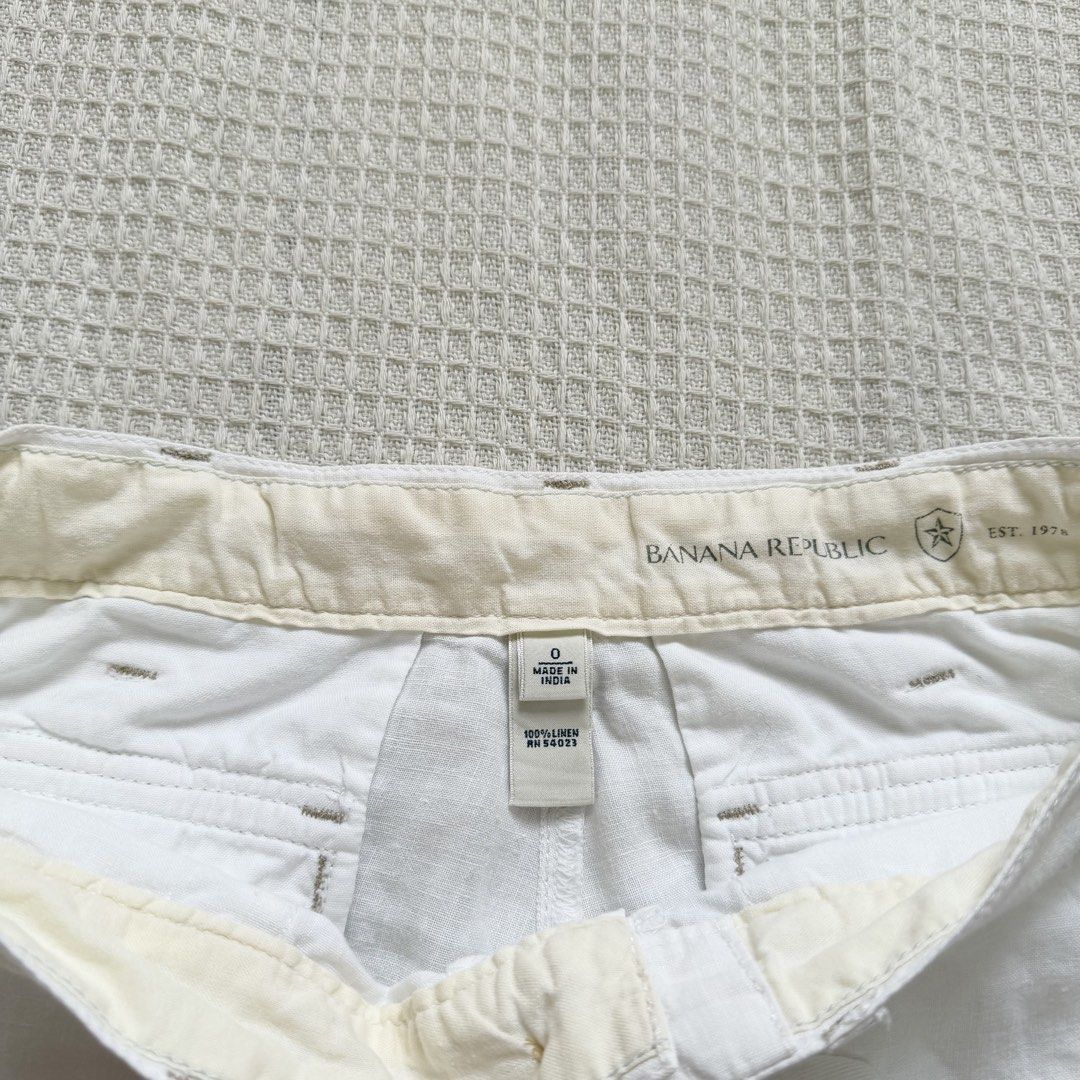 white linen capris (Category: Shorts) located in Cabanatuan. Submitted by brokegirlwholovesclothes (Listing ID 1468737062, Image 2). Description: - size 0 on tag but fits S-M - waist 28", length 23" - has a waist tie, can be adjusted to smaller waist! - has small stain on left pocket (see last photo) .