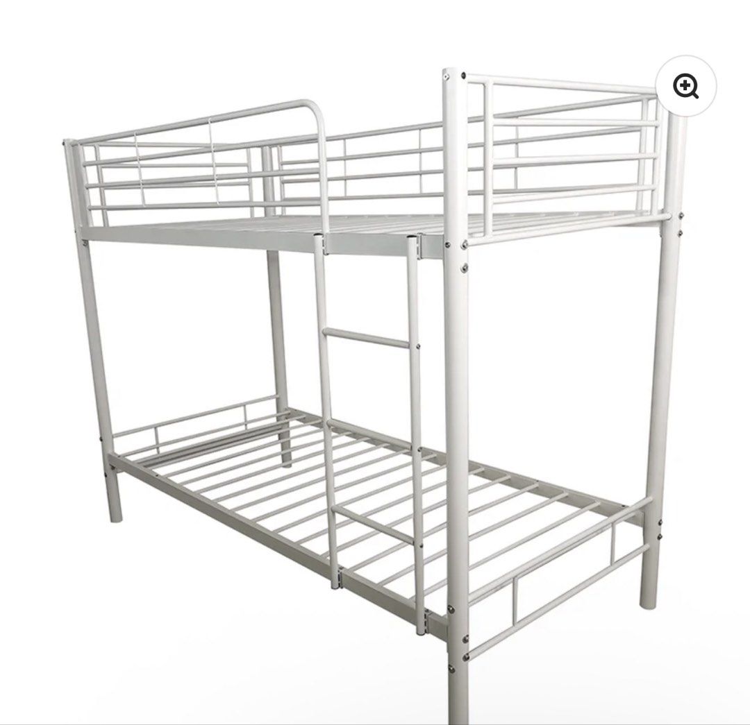 White Metal Bunk Bed Frame (Category: Bed Frames & Mattresses) located in Manila. Submitted by goldenfish.dc5c9f (Listing ID 1468836756, Image 1). Description: MANDUE - used only for 6 months - Material: Sturdy metal frame with built-in slats - Design: Double-decker / Bunk bed with a built-in ladder on the right side - Mattress Fit: Fits standard single .