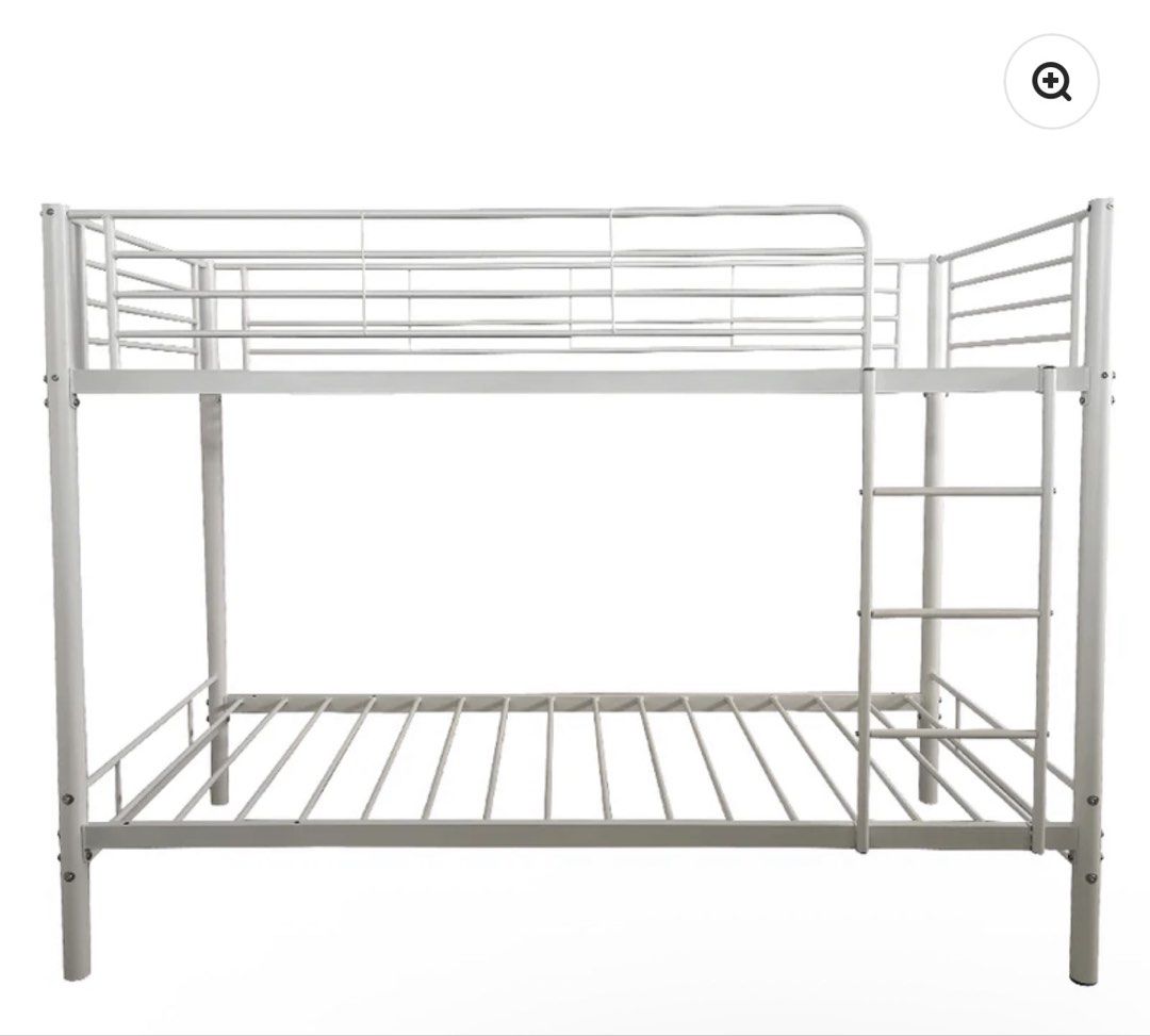 White Metal Bunk Bed Frame (Category: Bed Frames & Mattresses) located in Manila. Submitted by goldenfish.dc5c9f (Listing ID 1468836756, Image 2). Description: MANDUE - used only for 6 months - Material: Sturdy metal frame with built-in slats - Design: Double-decker / Bunk bed with a built-in ladder on the right side - Mattress Fit: Fits standard single .