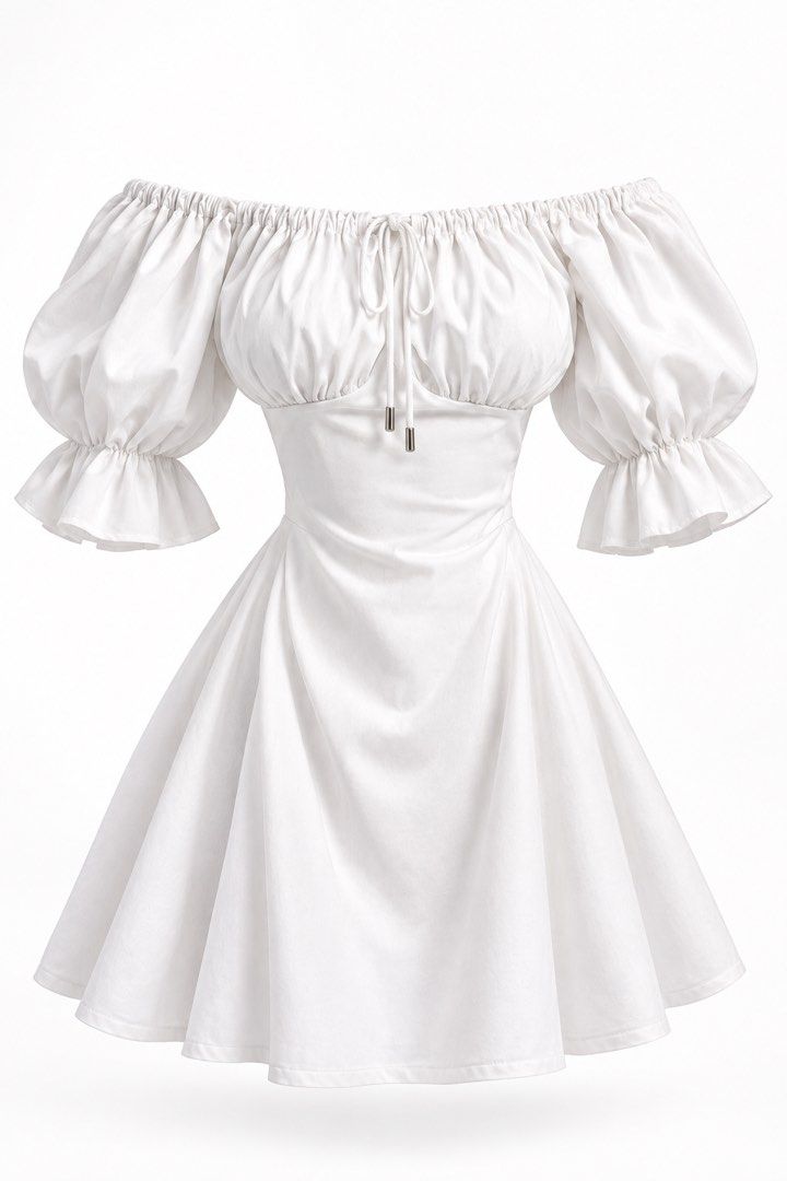 White Off Shoulder Puff Sleeve Mini Dress (Category: Dresses) located in Taytay. Submitted by theziatique (Listing ID 1468879126, Image 1). Description: White mini dress with off-shoulder neckline and puff sleeves. Ruched bodice with adjustable drawstring ties at the front. Flared skater skirt silhouette. Lightweight cotton-blend fabric. Great style for summer outings, dates, or casual daytime events. Easy to style with sandals or sneakers..
