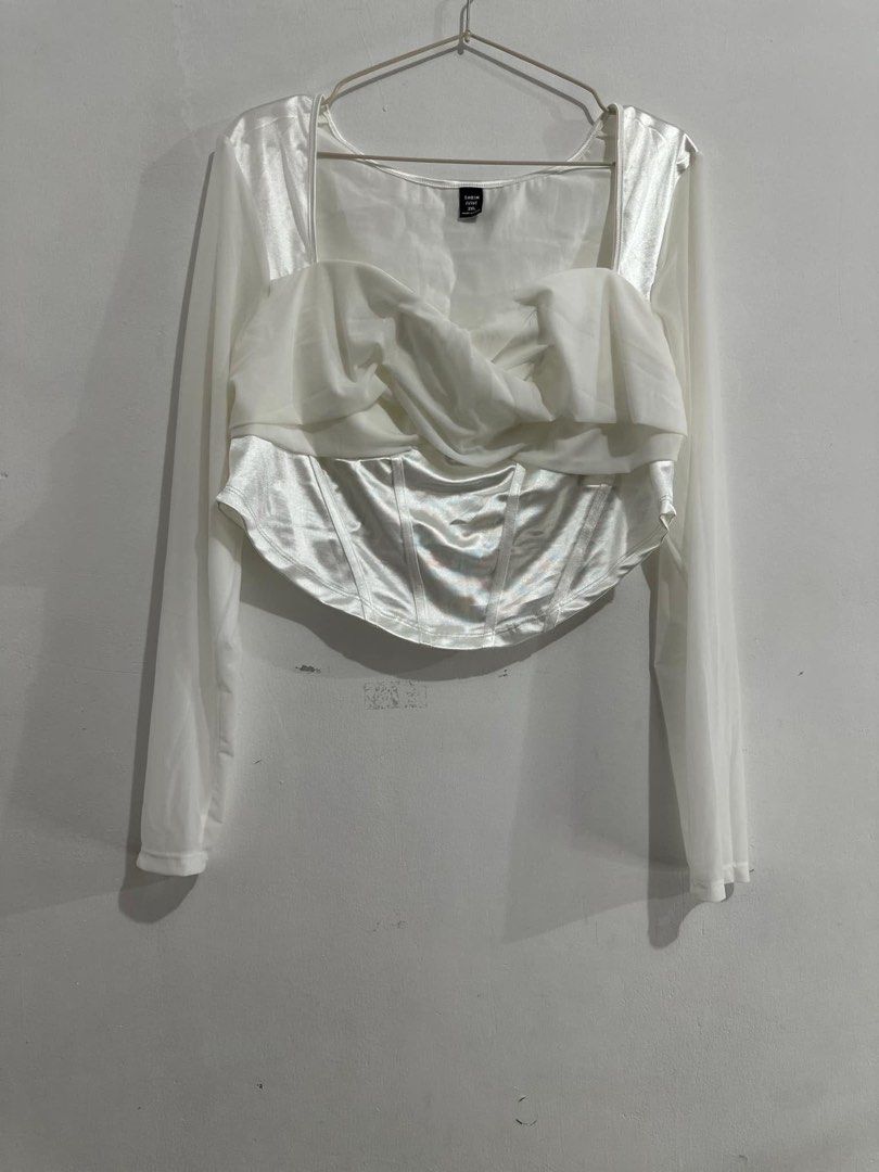 white plus size dress (Category: Longsleeves) located in Manila. Submitted by micadanillie (Listing ID 1468896309, Image 3). Description: - Brand: SHEIN Curve - Size: 2XL - Color: White - Style: Long sleeve blouse with square neckline - Features: Corset-style structured bodice, chest draping overlay, sheer sleeves, and satin-finish lower bodice with boning details - Condition: Worn a few times, still in great sha.