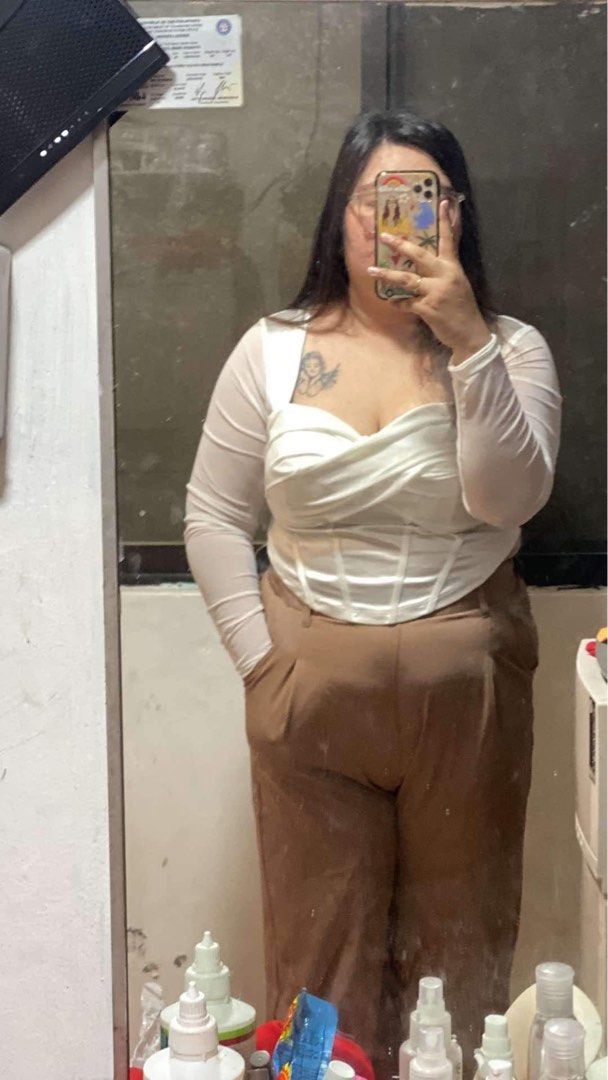 white plus size dress (Category: Longsleeves) located in Manila. Submitted by micadanillie (Listing ID 1468896309, Image 2). Description: - Brand: SHEIN Curve - Size: 2XL - Color: White - Style: Long sleeve blouse with square neckline - Features: Corset-style structured bodice, chest draping overlay, sheer sleeves, and satin-finish lower bodice with boning details - Condition: Worn a few times, still in great sha.