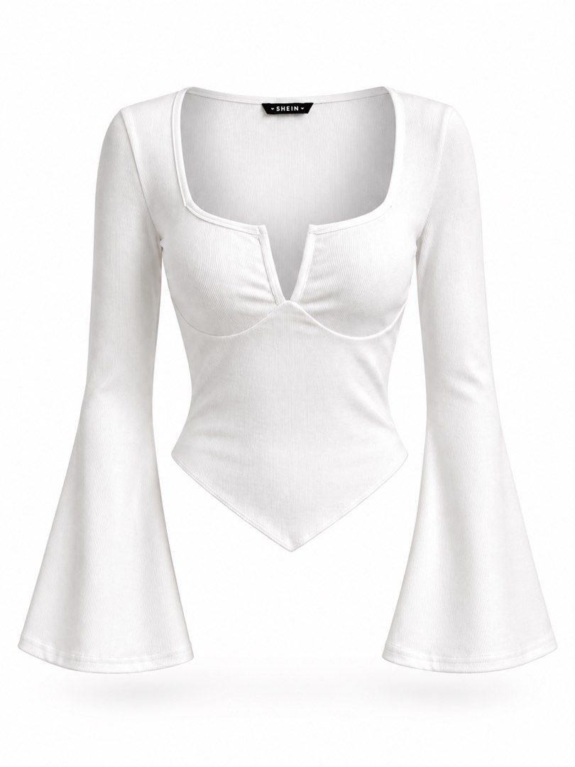 Classy Elegant Ribbed Bell Sleeve V-Neck Top (Category: Blouses) located in Taytay. Submitted by theziatique (Listing ID 1461886772, Image 1). Description: White ribbed top with V-neck and unique pointed hem. Long bell sleeves. Versatile for any occasion..