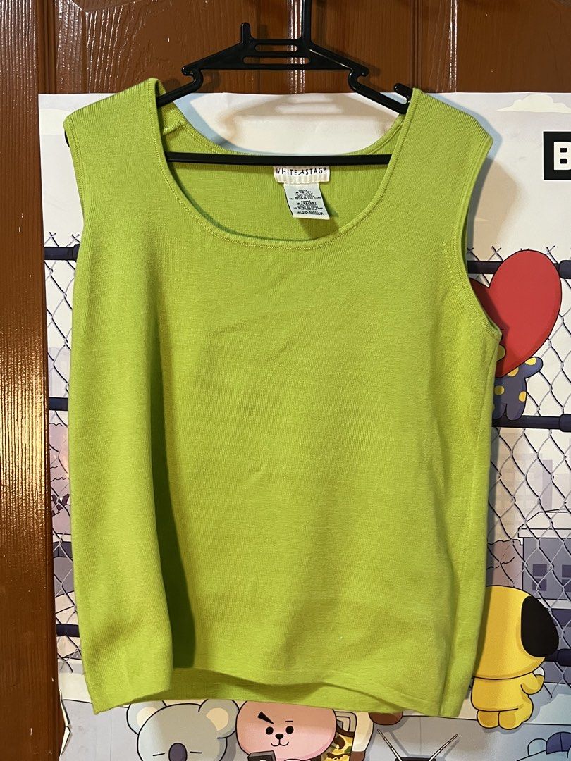 White Stag Lime Green Knit Tank Top (Category: Sleeveless) located in Marikina City. Submitted by yssacee (Listing ID 1468908976, Image 1). Description: - Brand: White Stag - Color: Vibrant lime green - Style: Sleeveless pullover with scoop neckline and wide straps - Soft Material and great quality, used lightly - paired with flared black pants - Bought from the US - pm for more photos - shipping from lower antipolo rizal .