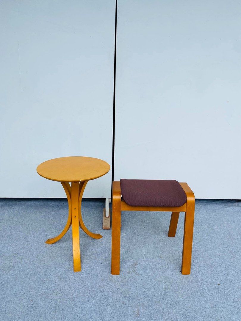 Wooden Accent Table and Padded Stool Set (Category: Tables & Sets) located in Manila. Submitted by justinlei.103 (Listing ID 1468832621, Image 1). Description: “JAPAN SURPLUS” BENTWOOD FOOTREST / MINIMALIST STOOL SIZE: 16D” x 21H” inches 17.5L” x 11.5W” x 18H” inches (AS-IS ITEM) IN GOOD CONDITION.