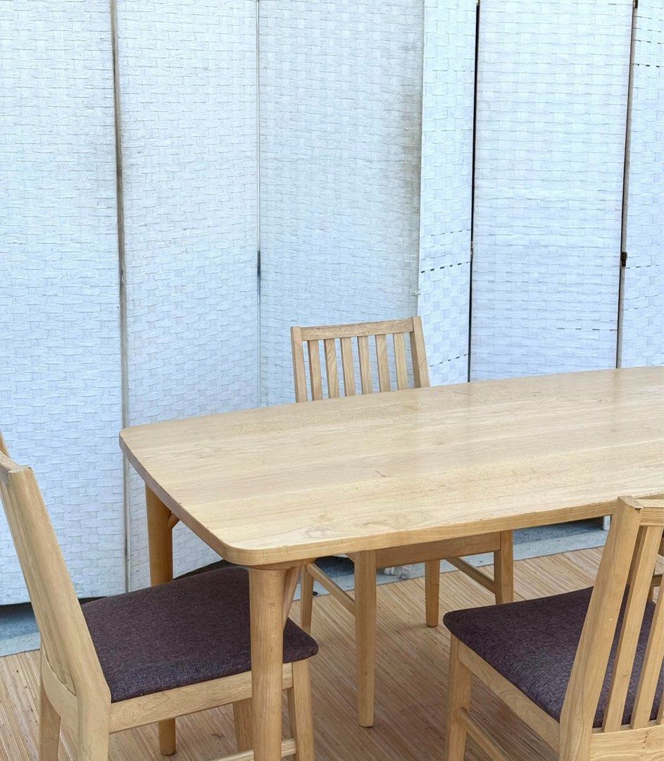 Wooden Dining Table with 4 Chairs (Category: Tables & Sets) located in Manila. Submitted by justinlei.103 (Listing ID 1468838696, Image 2). Description: JAPAN SURPLUS NITORI 4 SEATER DINING SET IN GOOD CONDITION SIZE: 27.5H x 55L x 31.5W inches 17H x 16L x 16W inches.
