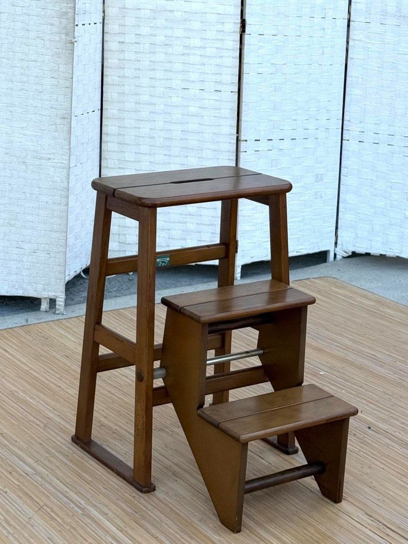 Wooden Three-Step Stool Chair (Category: Chairs) located in Manila. Submitted by justinlei.103 (Listing ID 1468808132, Image 3). Description: JAPAN SURPLUS 3 STEPS FOLDABLE WOODEN LADDER IN GOOD CONDITION SIZE: 24H x 16L x 10W inches.