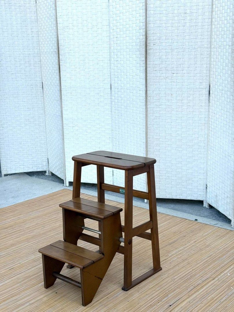 Wooden Three-Step Stool Chair (Category: Chairs) located in Manila. Submitted by justinlei.103 (Listing ID 1468808132, Image 1). Description: JAPAN SURPLUS 3 STEPS FOLDABLE WOODEN LADDER IN GOOD CONDITION SIZE: 24H x 16L x 10W inches.