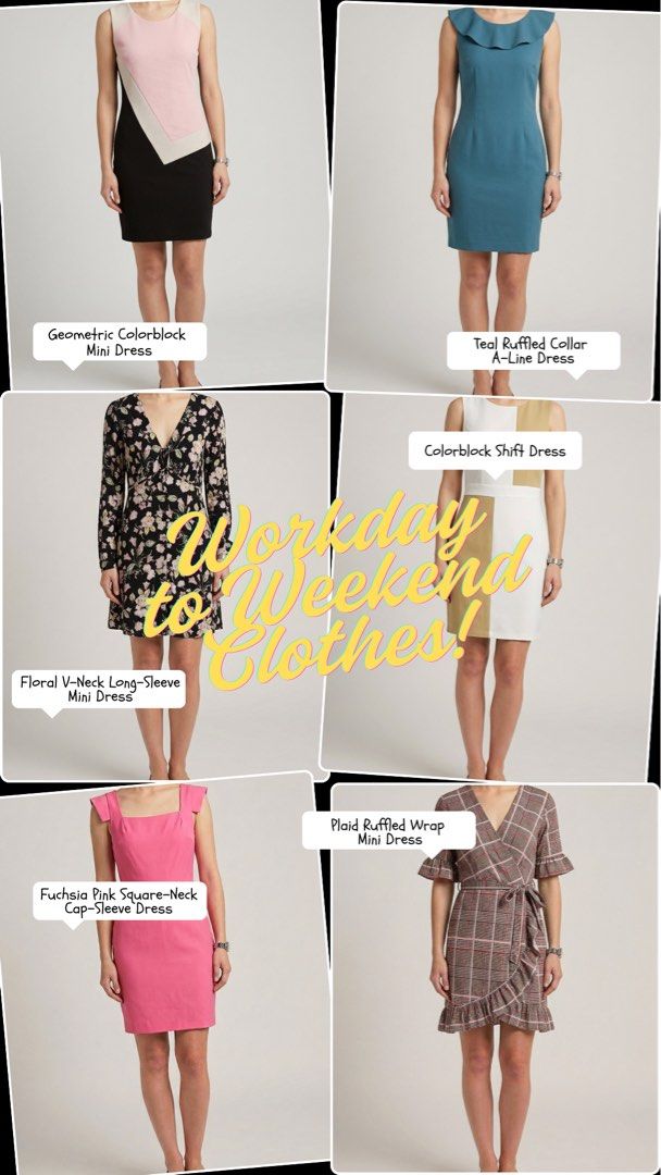 Workday to Weekend Clothes Collection Dresses (Category: Dresses) located in Bacoor. Submitted by qshoonie_cart (Listing ID 1468778228, Image 1). Description: - Wardrobe refresh bundle of 5 versatile dresses - Styles range from mid-range casual to corporate chic and formal tailored - Includes geometric colorblock, teal ruffled collar, fuchsia pink square-neck, and two-tone beige shift dresses - Sleeveless and cap-sleeve cuts - Clean cuts and soli