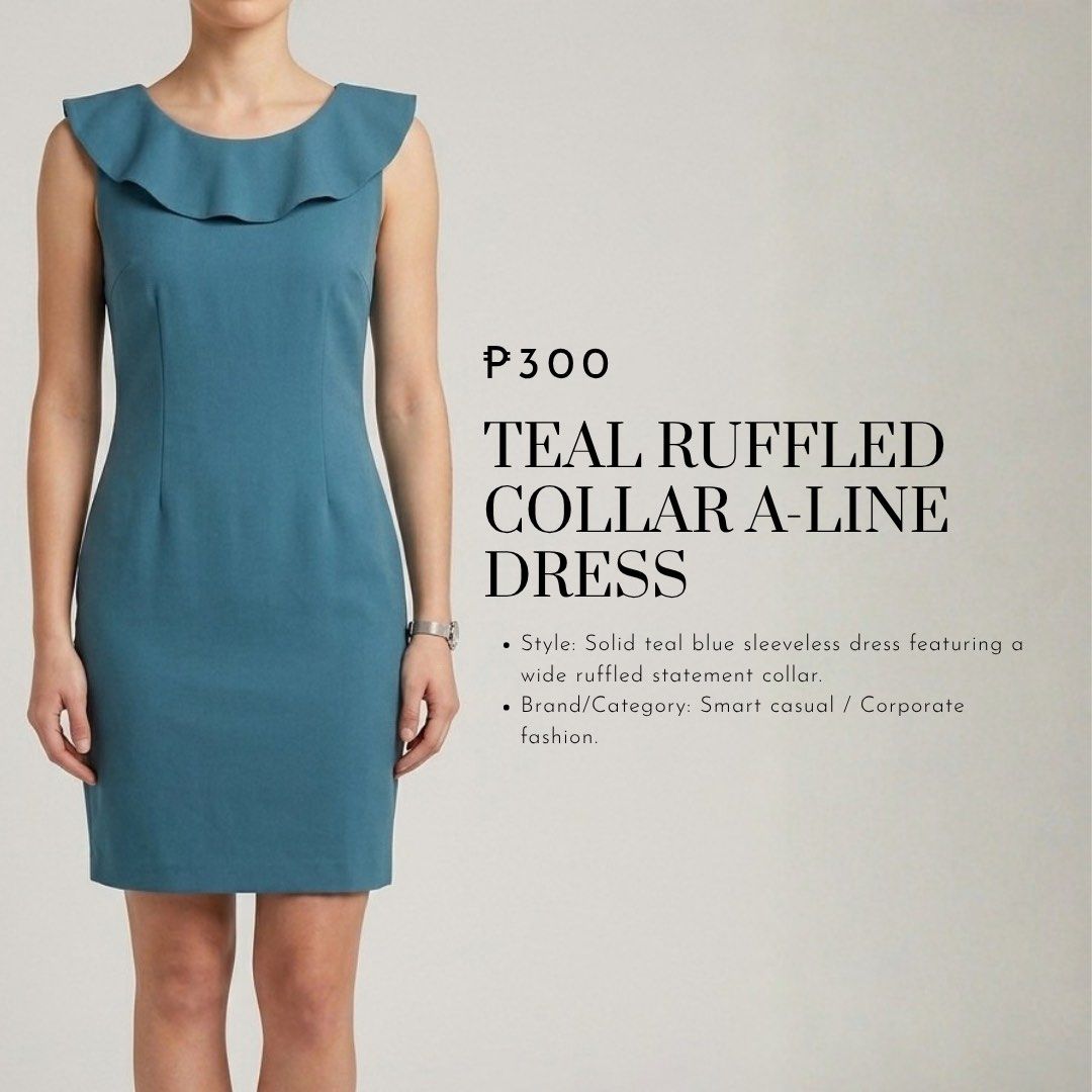 Workday to Weekend Clothes Collection Dresses (Category: Dresses) located in Bacoor. Submitted by qshoonie_cart (Listing ID 1468778228, Image 3). Description: - Wardrobe refresh bundle of 5 versatile dresses - Styles range from mid-range casual to corporate chic and formal tailored - Includes geometric colorblock, teal ruffled collar, fuchsia pink square-neck, and two-tone beige shift dresses - Sleeveless and cap-sleeve cuts - Clean cuts and soli