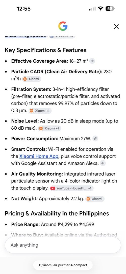 Xiaomi Smart Air Purifier 4 Compact (Category: Air Purifiers & Dehumidifiers) located in Taytay. Submitted by adnwayne (Listing ID 1468748343, Image 3). Description: - Condition: Brand new, unopened, still in original bubble wrap - Coverage: Ideal for rooms up to 27 sqm - Filtration: 3-in-1 high-efficiency filter removes 99.97% of tiny particles - Quiet Operation: Sleep mode runs at an ultra-quiet 20 dB - Smart Features: Connects to Xiaomi Home a