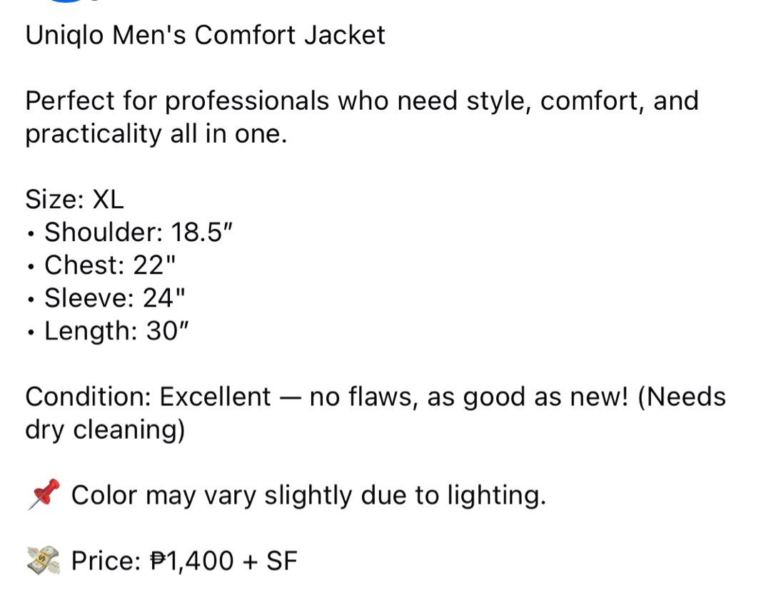 (XL) Uniqlo Men's Comfort Jacket (Category: Coats, Jackets and Outerwear) located in Bulacan. Submitted by cavalieeeer (Listing ID 1468780658, Image 2). Description: 𝗣𝗟𝗘𝗔𝗦𝗘 𝗥𝗘𝗔𝗗 𝗧𝗛𝗘 𝗗𝗘𝗧𝗔𝗜𝗟𝗦 𝗜𝗡 𝗧𝗛𝗘 𝟮𝗡𝗗 𝗣𝗜𝗖𝗧𝗨𝗥𝗘! We base sizing on actual measurements, not tag size — please check the dimensions before buying! 📌 Prices are fixed. Unreasonable offers will not be entertained. 🌐 Facebook Page: Cavalier 📍 Location: SJ