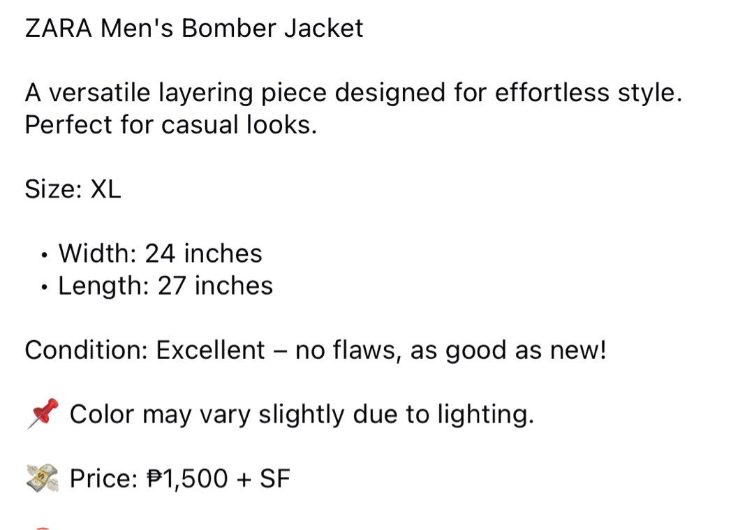 (XL) ZARA Men's Bomber Jacket (Category: Coats, Jackets and Outerwear) located in Bulacan. Submitted by cavalieeeer (Listing ID 1468783505, Image 2). Description: 𝗣𝗟𝗘𝗔𝗦𝗘 𝗥𝗘𝗔𝗗 𝗧𝗛𝗘 𝗗𝗘𝗧𝗔𝗜𝗟𝗦 𝗜𝗡 𝗧𝗛𝗘 𝟮𝗡𝗗 𝗣𝗜𝗖𝗧𝗨𝗥𝗘! We base sizing on actual measurements, not tag size — please check the dimensions before buying! 📌 Prices are fixed. Unreasonable offers will not be entertained. 🌐 Facebook Page: Cavalier 📍 Location: SJDM,