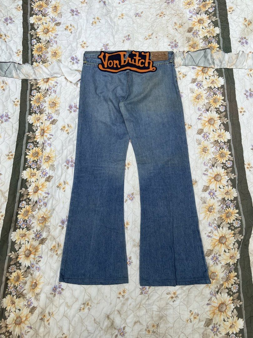 Y2K VON DUTCH LOW RISE FLARED/BOOT CUT JEANS (Category: Jeans) located in Salug. Submitted by bagdoi_finds (Listing ID 1468833919, Image 1). Description: Von Dutch low-rise flared/bootcut jeans from the Y2K era, featuring a prominent embroidered logo patch across the back waist..