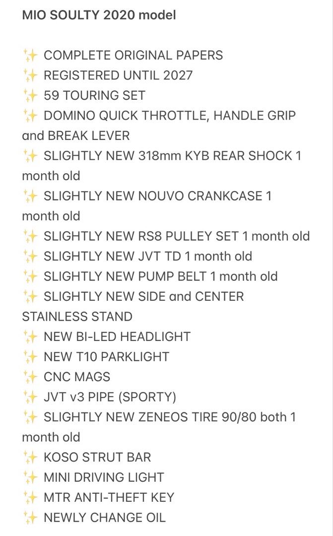 Yamaha Mio Soulty 2020 Model (Category: Motorbikes for Sale) located in Manila. Submitted by siaberries (Listing ID 1468728134, Image 1). Description: 🔥RUSH SALE!!!🔥 MIO SOULTY 2020 model ✨ COMPLETE ORIGINAL PAPERS ✨ REGISTERED UNTIL 2027 ✨ 59 TOURING SET ✨ DOMINO QUICK THROTTLE, HANDLE GRIP and BREAK LEVER ✨ SLIGHTLY NEW 318mm KYB REAR SHOCK 1 month old ✨ SLIGHTLY NEW NOUVO CRANKCASE 1 month old ✨ SLIGHTLY NEW RS8 PULLEY SET 1 month old ✨ SLIG