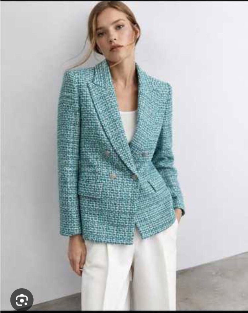 Zara - Textured Double-Breasted Tweed Blazer - Green/Blue Pattern (Category: Coats, Jackets and Outerwear) located in San Fernando. Submitted by son.twice.stuff (Listing ID 1468855709, Image 1). Description: Item: Zara - Textured Double-Breasted Tweed Blazer - Green/Blue Pattern Tagged Size: Small Fit Small To Medium Dimensions Length: 27.5" Width: 18" Shoulder: 17" Sleeve: 22.5" Condition: Excellent Price: 1800 Free Shipping.