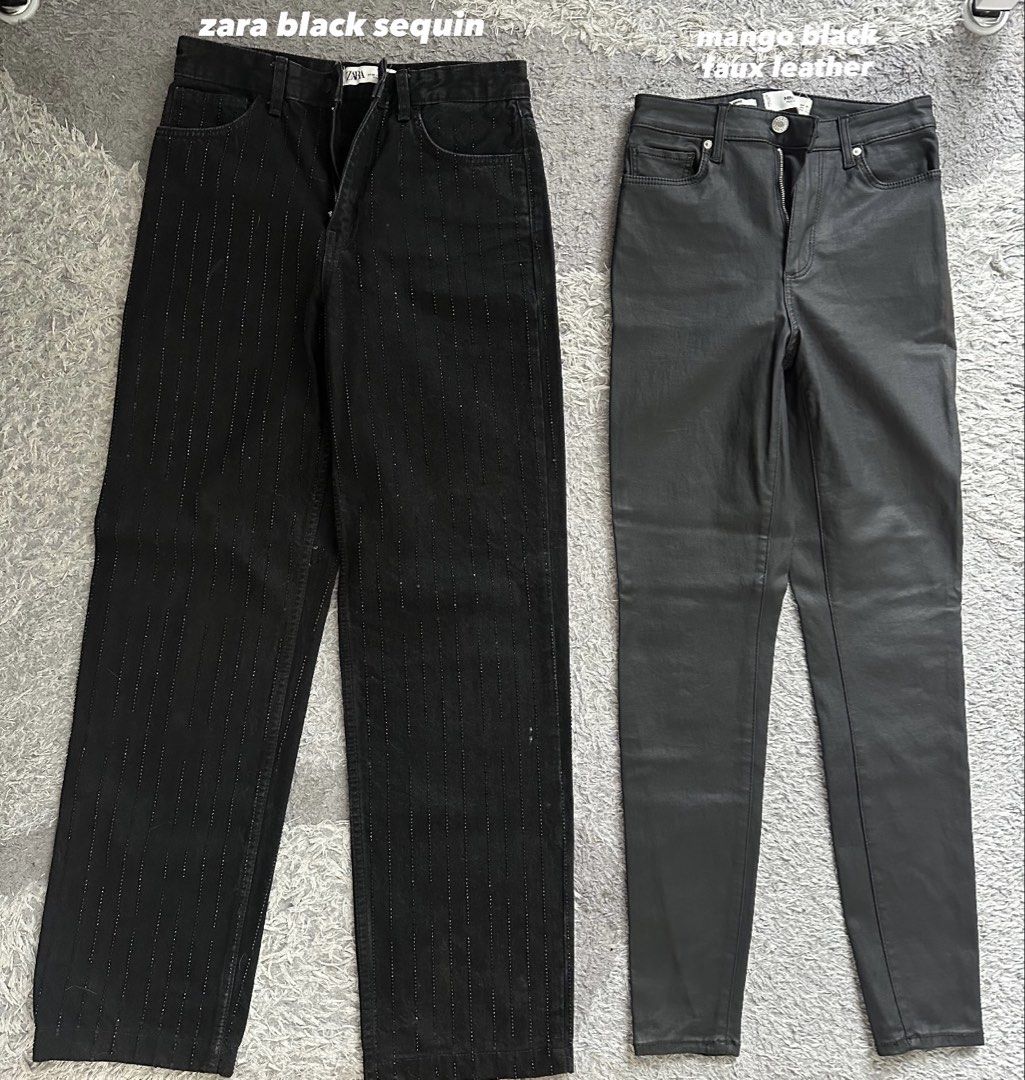 Zara and Mango Pants (Category: Jeans) located in Las Pinas. Submitted by leviheichoouu (Listing ID 1468746203, Image 1). Description: FITS XS - M zara black sequin 36 - 250 mango black faux leather 36 - 200 flower denim M - 200 mango denim 34 - 200 zara white 34 (oversized) - 200 mango pink trousers 34 - 200 zara denim 1 36 - 200 zara denim 2 34 - 200 no brand brown trousers M - 200 no brand black denim L - 200 All items do not have any flaws an