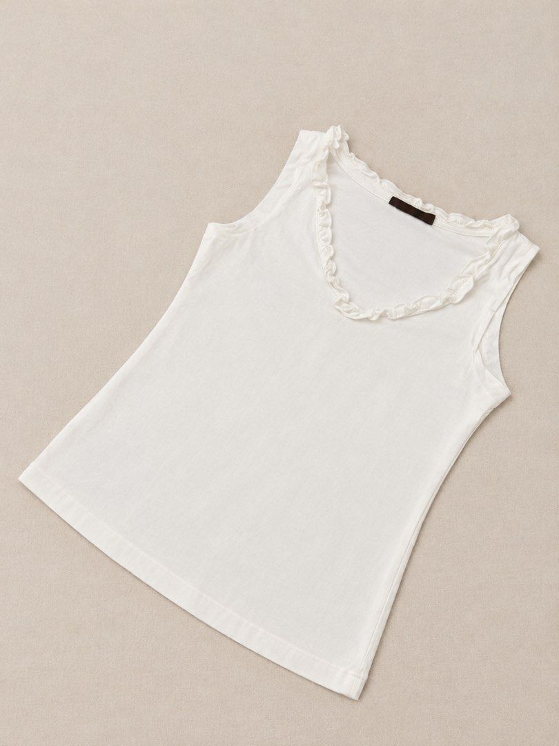 Zara Basic White Ruffled Tank Top Size M (Category: Sleeveless) located in Manila. Submitted by lexiandco.ph (Listing ID 1468721901, Image 1). Description: - Brand: Zara - Style: Basic tank top with scoop neckline and delicate ruffle trim - Color: White - Size: Medium (true to size) - Material: Soft and breathable cotton - Condition/Features: Versatile, great for layering or standalone wear in warmer weather.