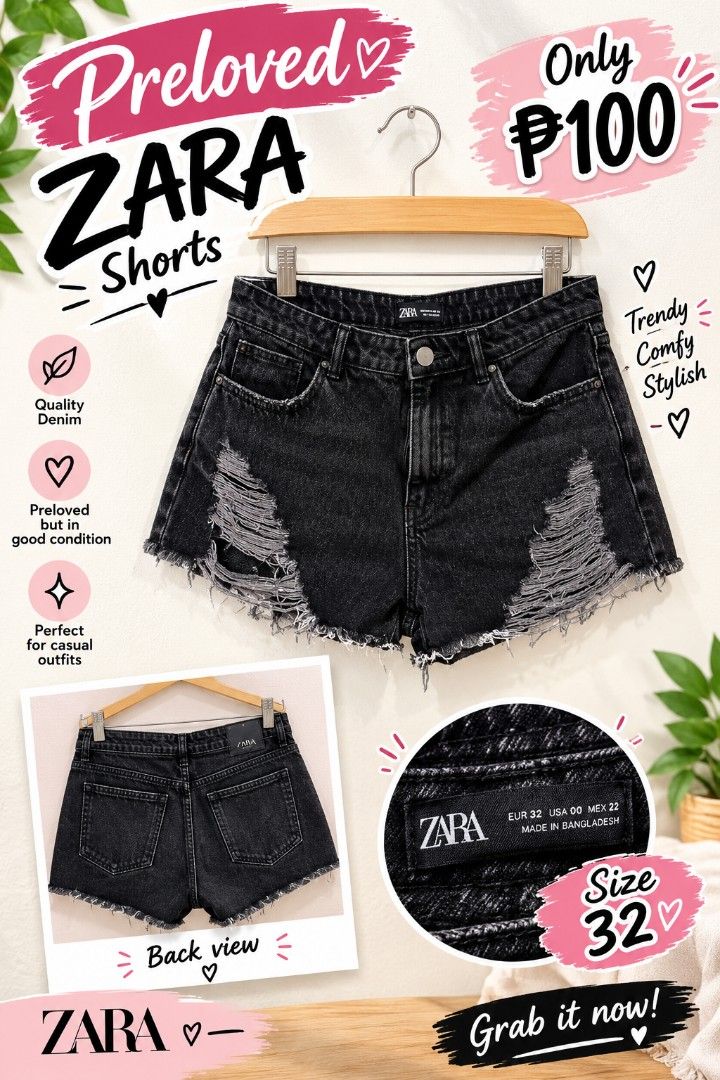 Zara Black Distressed Denim Shorts Size 32 (Category: Shorts) located in Pasig City. Submitted by my_angels_closet (Listing ID 1468753109, Image 1). Description: - Brand: Zara - Style: High-waisted denim shorts with distressed front and raw hem - Color: Washed black - Size: EUR 32 / USA 00 / MEX 22 - Condition: Preloved, great quality denim - Features: Classic 5-pocket design, button and zipper closure - Perfect for: Easy everyday casual styling.