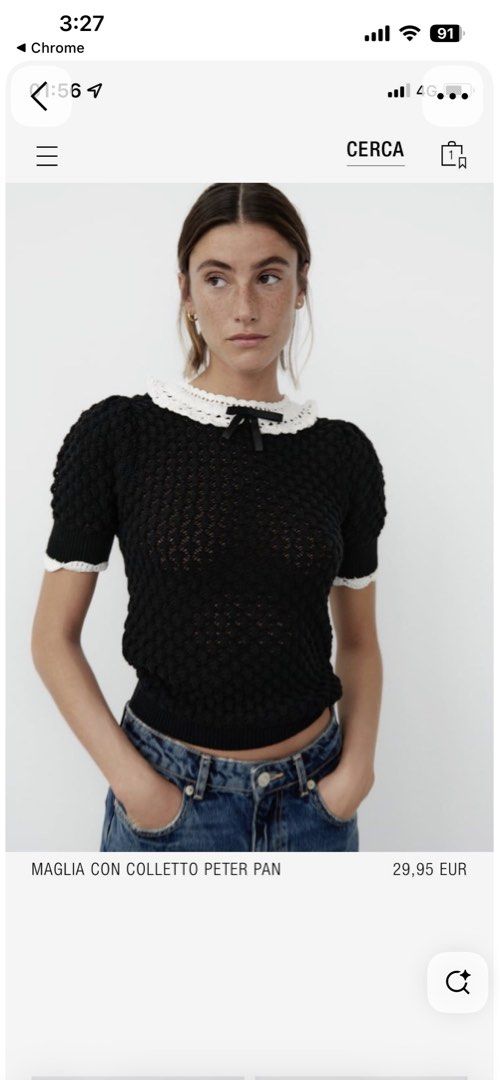 Zara Knitted Peter Pan collar top (Category: Blouses) located in Marikina City. Submitted by charmhazel_ (Listing ID 1468830346, Image 2). Description: -Black short-sleeved knit top featuring a textured openwork design, a contrasting white crochet/lace Peter Pan collar, and a small black bow detail at the neckline - can fit small fo med.