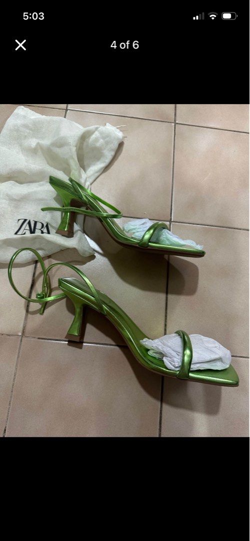 Zara Metallic Mid Height Heels Green (Category: Heels) located in Cebu City. Submitted by uniquepreloved88 (Listing ID 1468796338, Image 2). Description: - Brand: Zara - Color: Bright green metallic - Style: Strappy mid-height heels with square toe and slim flared heel - Condition: Brand new, unworn, crisp and clean - Extras: Includes original dust bag and paper toe stuffing - Original Retail Price: $70.