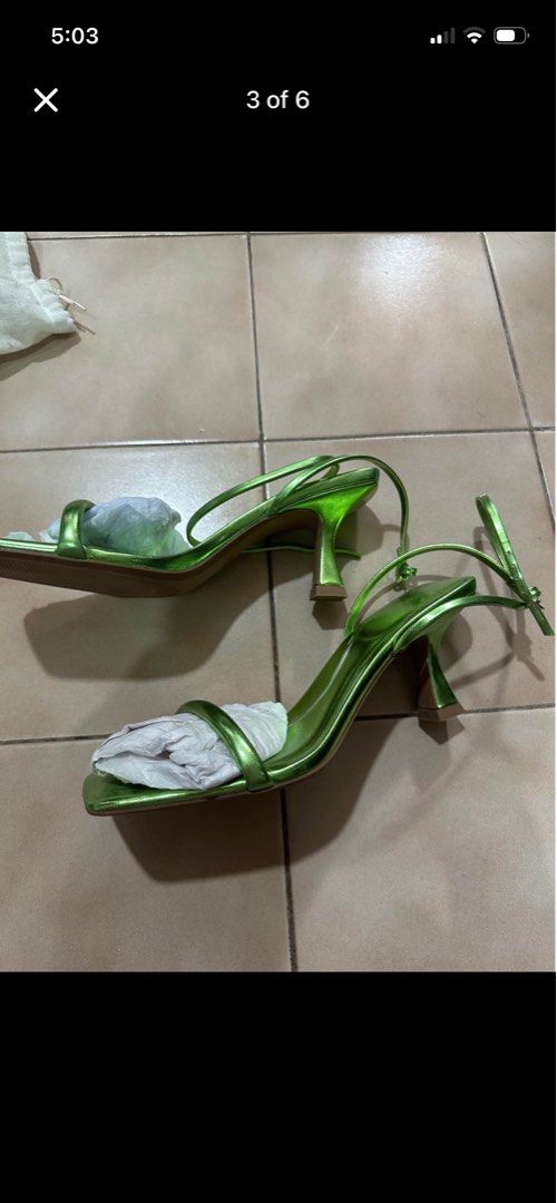 Zara Metallic Mid Height Heels Green (Category: Heels) located in Cebu City. Submitted by uniquepreloved88 (Listing ID 1468796338, Image 3). Description: - Brand: Zara - Color: Bright green metallic - Style: Strappy mid-height heels with square toe and slim flared heel - Condition: Brand new, unworn, crisp and clean - Extras: Includes original dust bag and paper toe stuffing - Original Retail Price: $70.