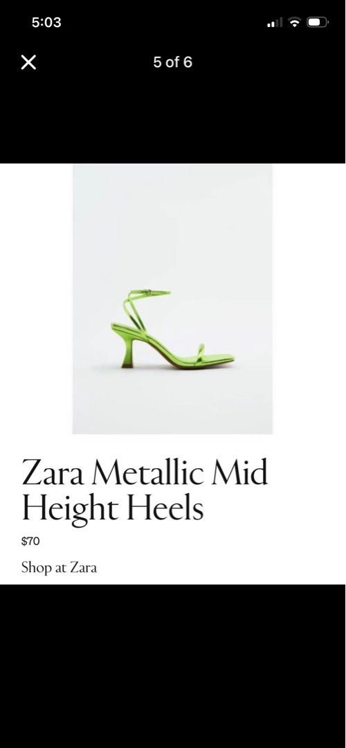 Zara Metallic Mid Height Heels Green (Category: Heels) located in Cebu City. Submitted by uniquepreloved88 (Listing ID 1468796338, Image 1). Description: - Brand: Zara - Color: Bright green metallic - Style: Strappy mid-height heels with square toe and slim flared heel - Condition: Brand new, unworn, crisp and clean - Extras: Includes original dust bag and paper toe stuffing - Original Retail Price: $70.