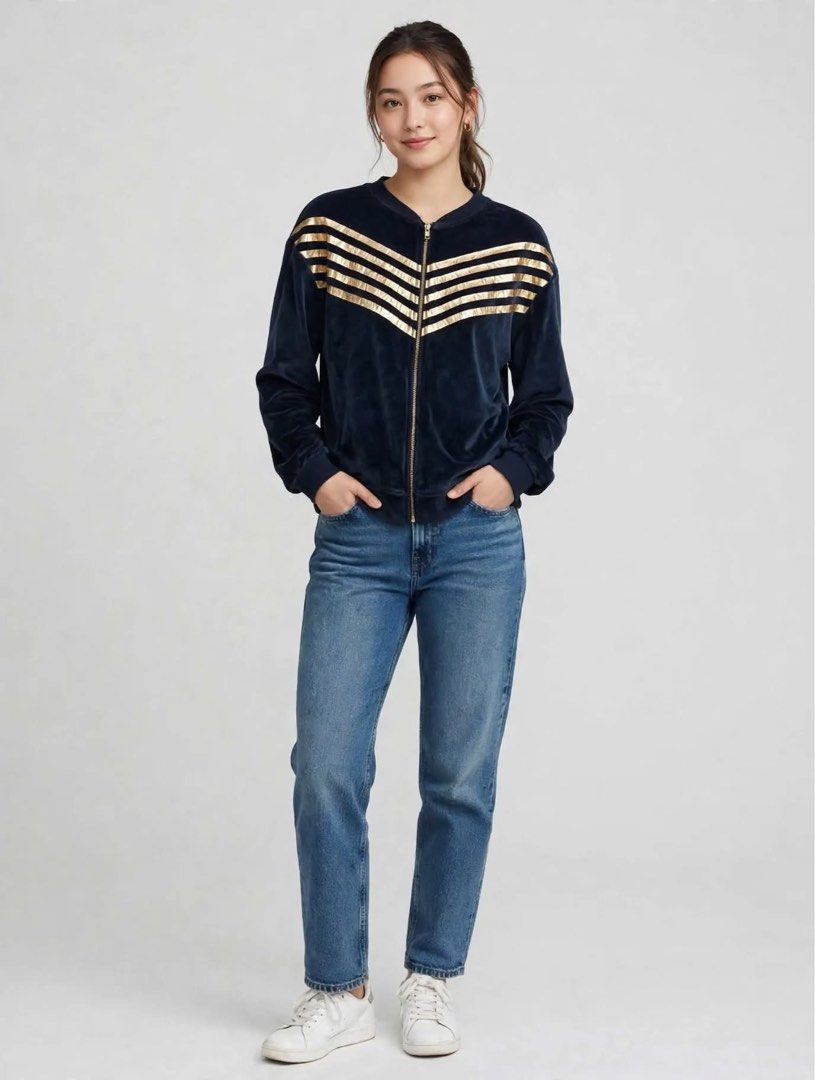 ZARA Navy Velour Bomber Jacket Gold Stripes (Category: Coats, Jackets and Outerwear) located in La Trinidad. Submitted by whatnotcollections (Listing ID 1468866186, Image 1). Description: - Color: Dark navy blue - Material: Soft plush velour - Design: Gold metallic chevron stripes on the chest with pleated upper back detail - Hardware: Full front zipper with gold pull tab - With 2 pockets. - Fit/Finish: Ribbed collar, cuffs, and hem - Style: Grea