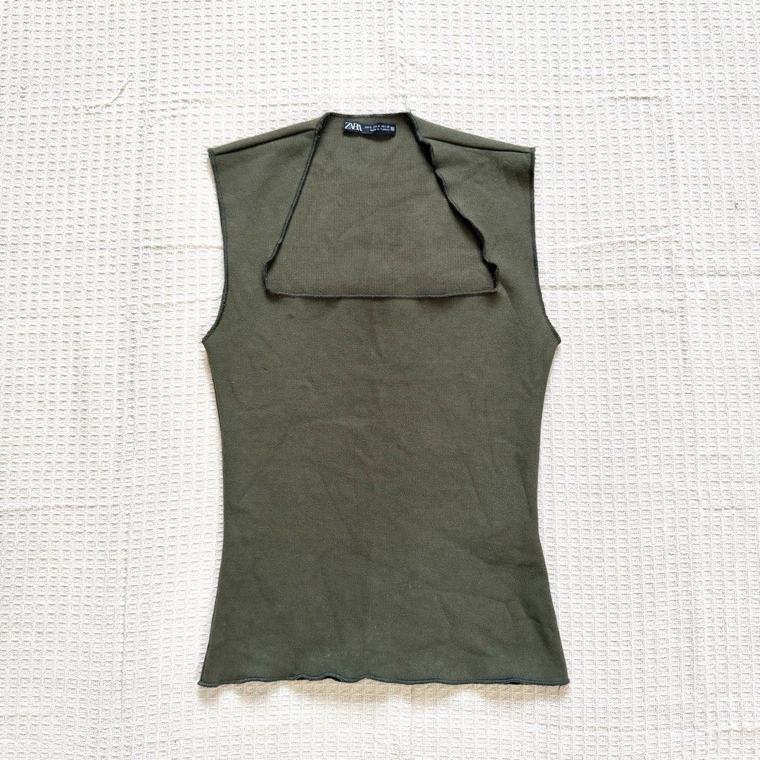 zara olive green top (Category: Sleeveless) located in Cabanatuan. Submitted by brokegirlwholovesclothes (Listing ID 1468738521, Image 1). Description: - size S on tag, best fits XS-S - see last 2 photos for issues mine 200.