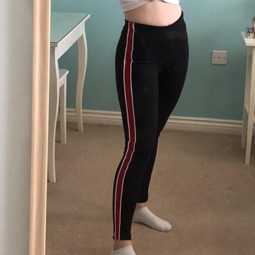 Zara Red Stripe Highrise Leggings (Category: Other Bottoms) located in Binan City. Submitted by myprelovedhaul (Listing ID 1468872973, Image 2). Description: fabric is thick material, no flaws like new.