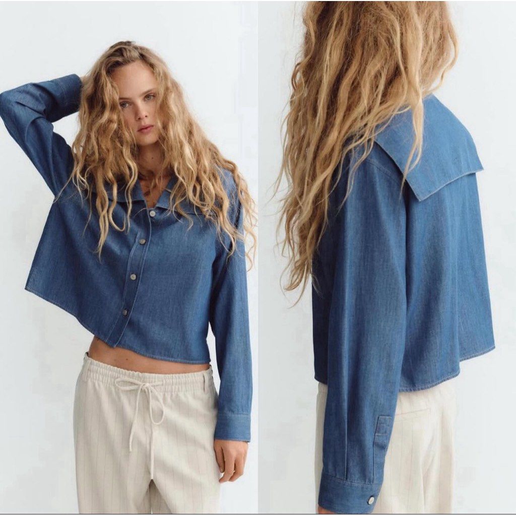 Zara Sailor Collar Denim Shirt (Category: Blouses) located in Makati City. Submitted by andrae.thomas (Listing ID 1468886281, Image 3). Description: - Brand: Zara - Style: Cropped denim shirt with wide sailor collar - Color/Wash: Medium wash blue - Details: Button-down front, long sleeves with button cuffs - Fit: Cropped - Condition: Excellent / Like new Size: XS Location: Makati Meet up: Taft, DLSU, CSB Shipping: Lalamove.