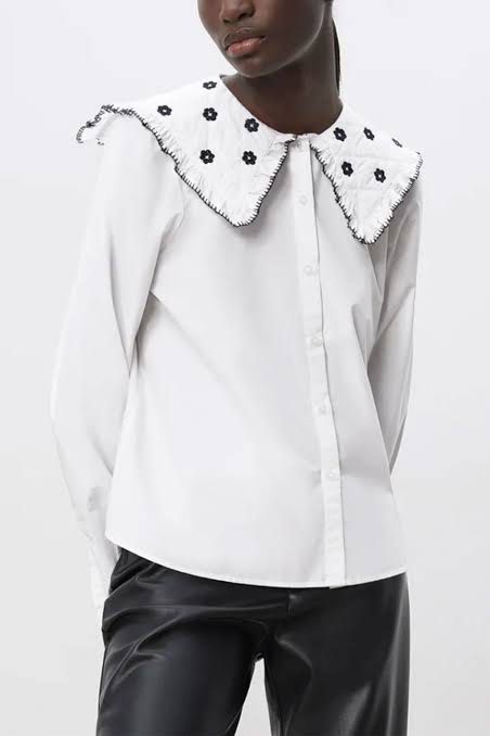 Zara Top (Category: Longsleeves) located in Manila. Submitted by love.lyxph (Listing ID 1468741581, Image 2). Description: Zara white long-sleeve cotton blouse •statement collar with black floral embroidery Best fit xs to semi medium.