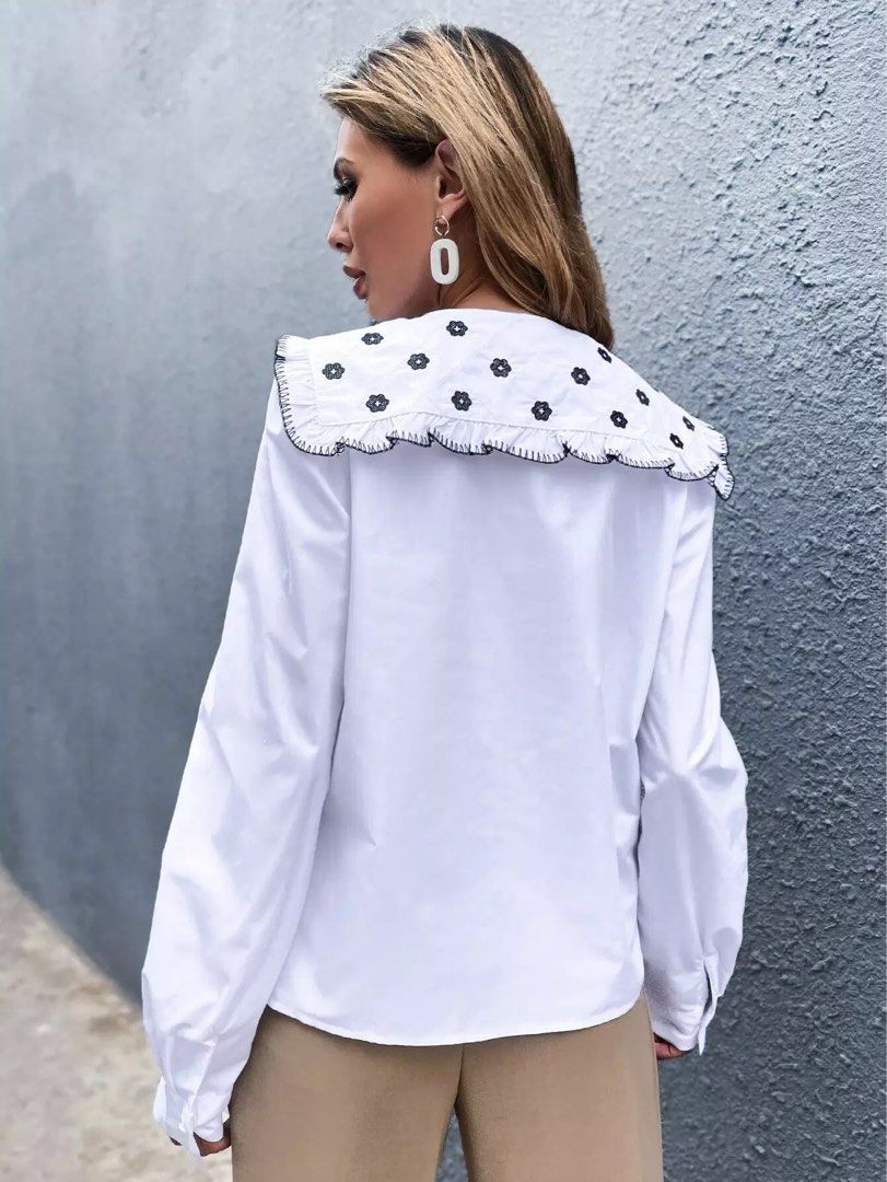 Zara Top (Category: Longsleeves) located in Manila. Submitted by love.lyxph (Listing ID 1468741581, Image 3). Description: Zara white long-sleeve cotton blouse •statement collar with black floral embroidery Best fit xs to semi medium.