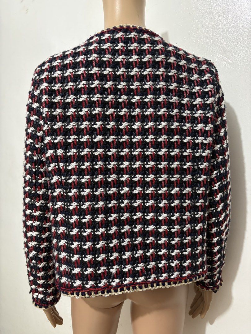 Zara Tweed Blazer Multi Colour Size L (Category: Coats, Jackets and Outerwear) located in Cainta. Submitted by tokadore (Listing ID 1468922524, Image 2). Description: - Brand: Zara - Style: Collarless structured tweed blazer - Colorway: Classic multi-color weave (black, white, red, and blue) - Details: Chic gold-tone hardware buttons, functional front pockets - Fit: Structured, flattering silhouette - Versatility: Great for workwear, smart-casual