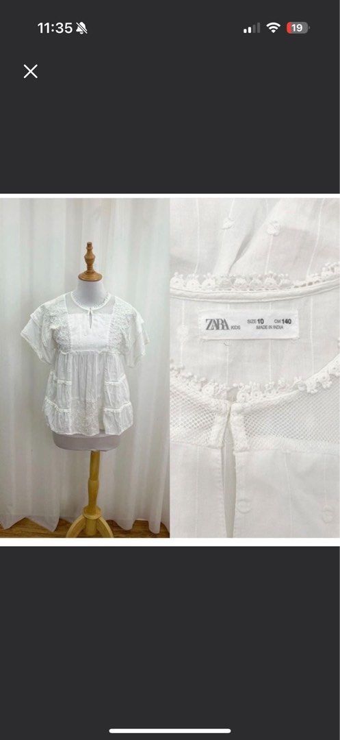 Zara White Embroidered Blouse (Category: Blouses) located in Cebu City. Submitted by hazelcris (Listing ID 1468737448, Image 1). Description: - Brand: Zara - Fits XS - Small - Color: White - Design: Short sleeves, tiered ruffled design, lace trims around the neckline, and front keyhole opening - Material: Light, breathable fabric made in India - Quality: Neat stitching details throughout.