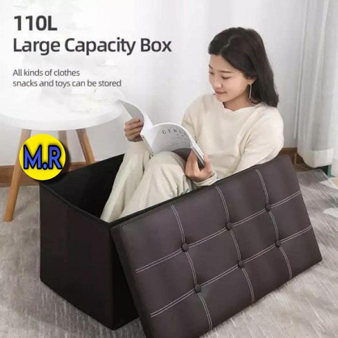 110L Large Capacity Dark Brown Storage Ottoman Box (Category: Storage Boxes & Baskets) located in Quezon City. Submitted by marecel146 (Listing ID 1469060714, Image 1). Description: - 110L Extra-Large Capacity: Perfect for storing clothes, toys, snacks, and room clutter - 2-in-1 Functional Design: Works as both a spacious storage chest and an extra seat - Premium Look: Elegant dark brown faux leather with a chic button-tufted lid - Space-Saving: 