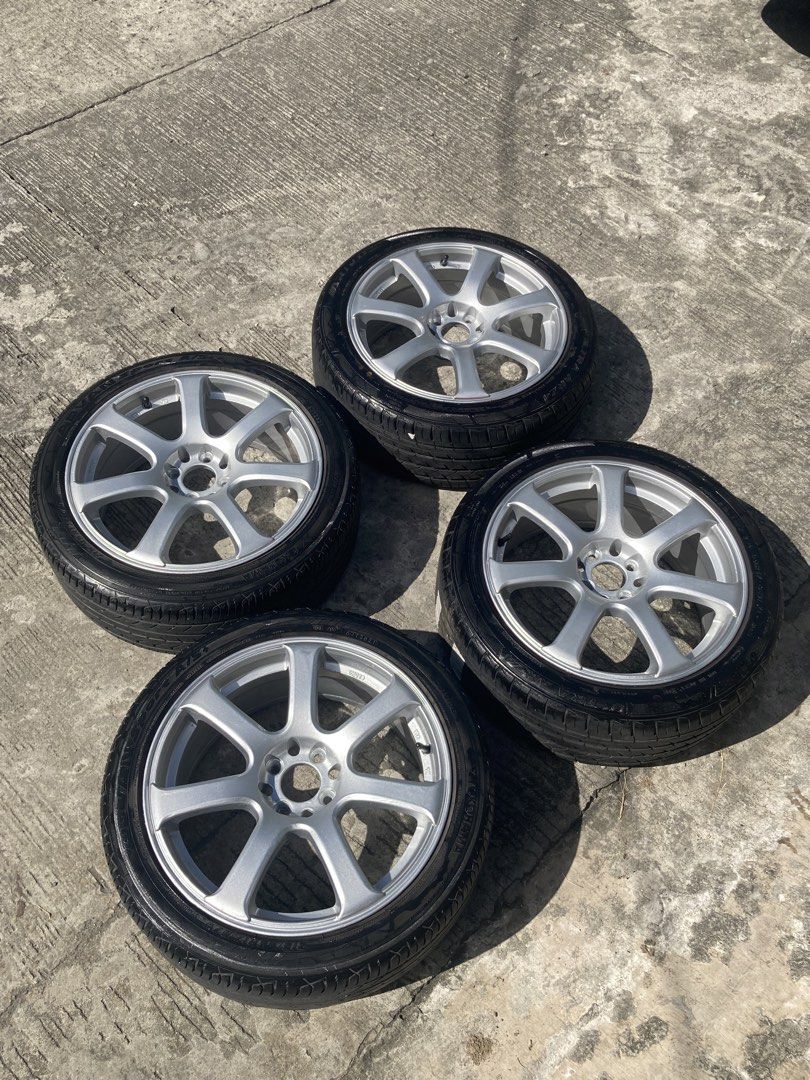 17s Rota Vector with Tires Euro Wheels (Category: Mags and Tires) located in Binan City. Submitted by akemagz (Listing ID 1468988387, Image 1). Description: Original 17s Rota Vector Euro Mags with Tires Euro 17x7.5 4 holes Pcd 100 ET 45 Complete Original Center Caps Tires: 215/45 17 (prod.date 2025) 2pcs Arivo Ultra Arz4 2pcs Yokohama Advan Fleva All 4pcs 97% TL No Major issue, Perfect Circle Repainted Bright Silver (urethane). Kumikinang pag nas