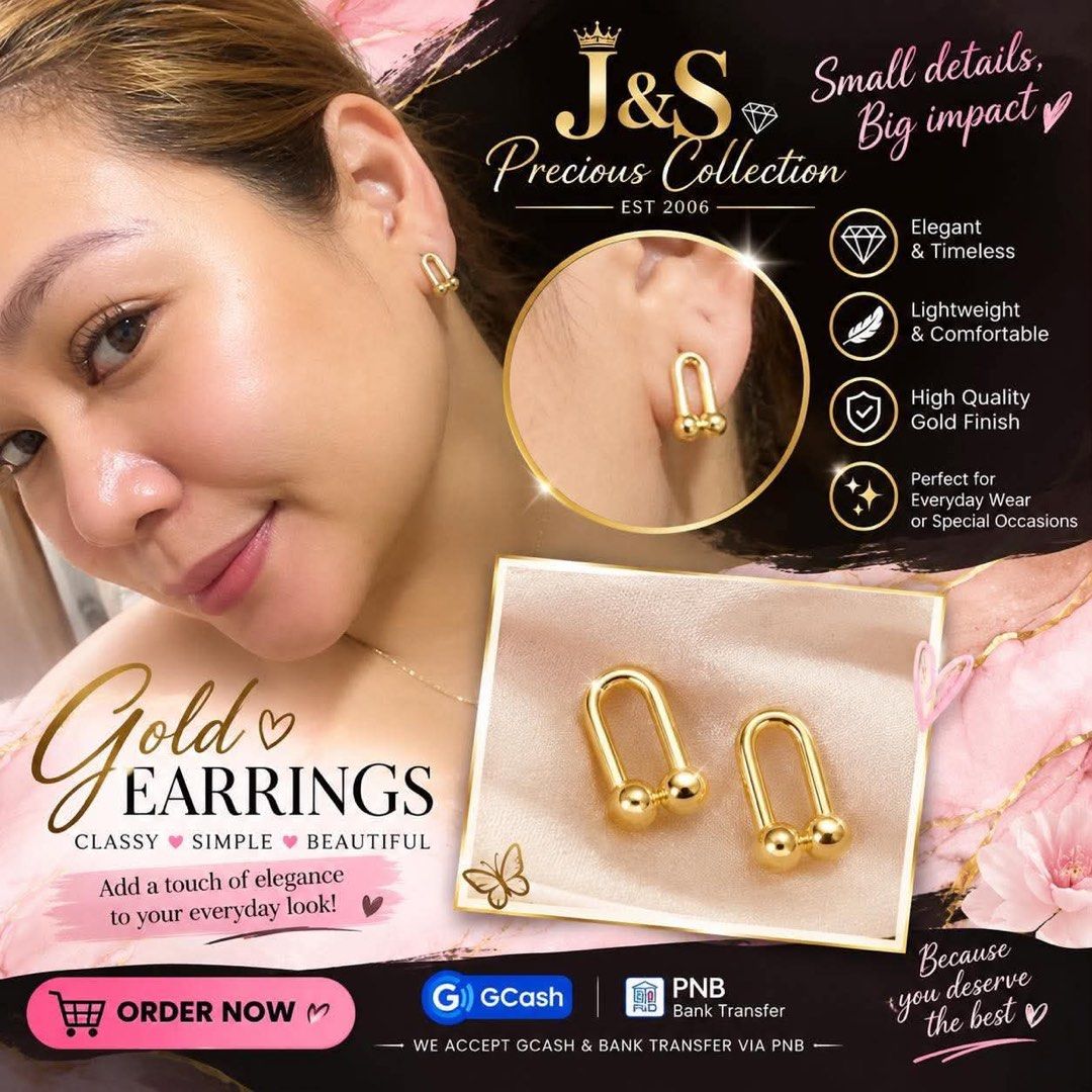 18k Unique Gold U-Shape Earrings (Category: Earrings) located in Paranaque City. Submitted by juanstopshop23 (Listing ID 1469050708, Image 1). Description: - Brand: J&S Precious Collection - Design: Gold U-shape earrings with small double ball details - Features: High quality gold finish and lightweight build - Versatility: Perfect for daily wear or special occasions - Payment: GCash and PNB bank transfer accepted.
