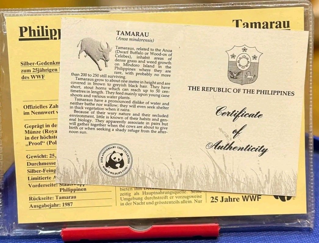 1987 Philippines Tamarau Anoa Mindorensis WWF Commemorative Silver Proof Coin COA (Category: Currency) located in Baliuag. Submitted by rain_me (Listing ID 1469088499, Image 2). Description: - Official WWF 25th Anniversary commemorative coin released in 1987 - Features the endangered Tamarau (Anoa mindorensis) native to Mindoro, Philippines - Stunning proof finish silver coin sealed in its original protective acrylic capsule - Includes the offici