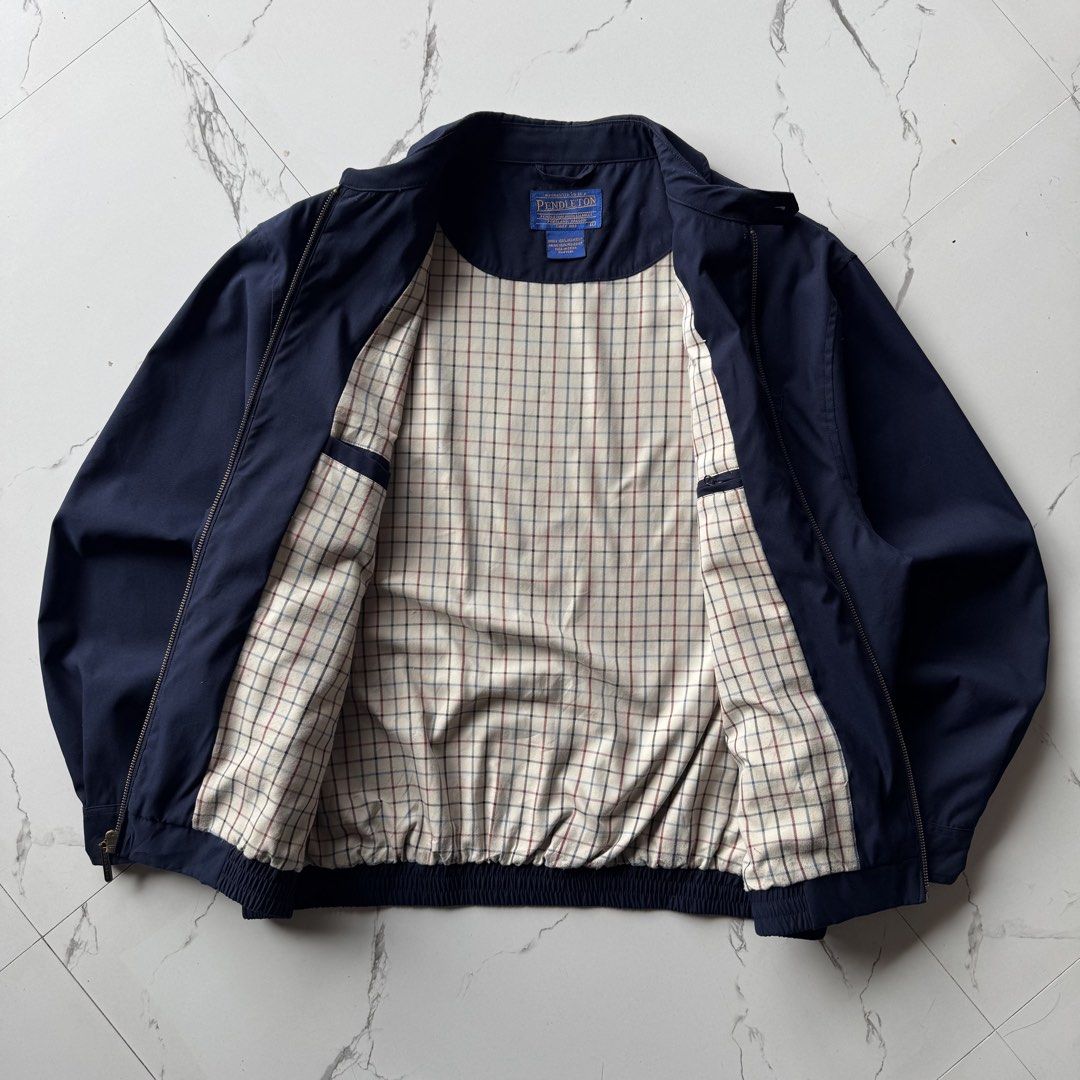 1990s Pendleton Navy Suede Detroit Type Harrington Jacket (Category: Coats, Jackets and Outerwear) located in Baguio. Submitted by retrophiletown (Listing ID 1469079867, Image 3). Description: 1990s Pendleton Navy Suede Detroit Type Harrington Jacket Measurement in inches Width: 26 Length: 26.5.