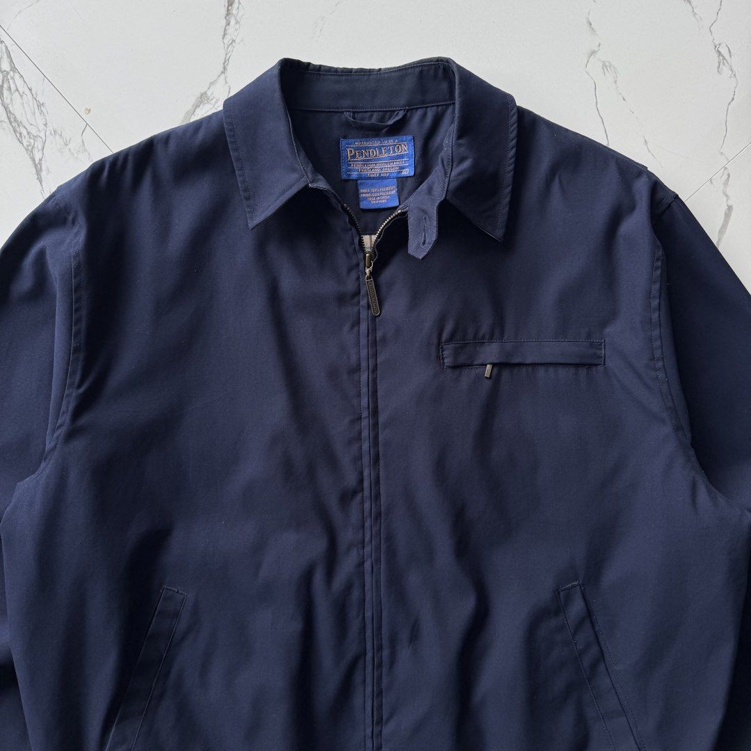 1990s Pendleton Navy Suede Detroit Type Harrington Jacket (Category: Coats, Jackets and Outerwear) located in Baguio. Submitted by retrophiletown (Listing ID 1469079867, Image 2). Description: 1990s Pendleton Navy Suede Detroit Type Harrington Jacket Measurement in inches Width: 26 Length: 26.5.