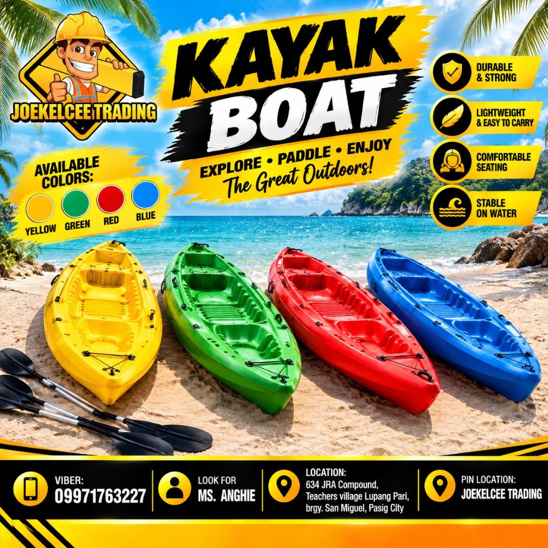 1 SEATER KAYAK BOAT (Category: Boats and Aircrafts) located in Caloocan City. Submitted by epicdragon.cf8b55 (Listing ID 1468951323, Image 1). Description: 1 SEATER KAYAK BOAT • BLADE 1 SEATER KAYAK BOAT • WITH 1 PADDLE & 1 LIFE VEST TYPE: Sit-On Single Seat (Max. Speed = 2 knots) APPLICATION: Rivers, Lakes, Light Ocean Swells MATERIALS: 100% Virgin Linear Density Polyethylene with UV Stabilizers DIMENSIONS: L x W (9’ x 28”) WEIGHT: 51 lbs. CAPAC