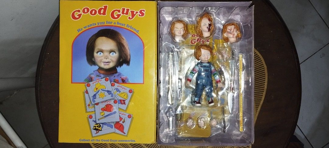 2017 NECA Ultimate Good Guy Chucky (Category: Figurines & Statues) located in Manila. Submitted by ventajetoyz625 (Listing ID 1468963588, Image 3). Description: - Neca Chucky Ultimate Action Figure from the Good Guys series - 4 inches tall - Includes 4 interchangeable head sculpts and multiple hands - Comes with iconic weapons like knives and a bat - Collector-friendly window box packaging with opening front flap artwork - Must-have for horror mo