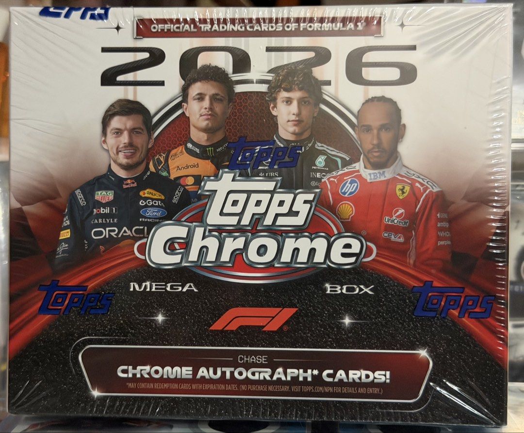2026 Topps Chrome F1 Formula 1 Mega Box (Category: Card Boxes & Cases) located in Quezon City. Submitted by cookiesyy (Listing ID 1469093271, Image 1). Description: - Brand: Topps Chrome Formula 1 - Condition: Brand new, factory-sealed in original cellophane - Edition: 2026 Mega Box - Featured Drivers: Max Verstappen, Lando Norris, Kimi Antonelli, Lewis Hamilton - Highlights: Look for chase chrome autograph cards inside!.