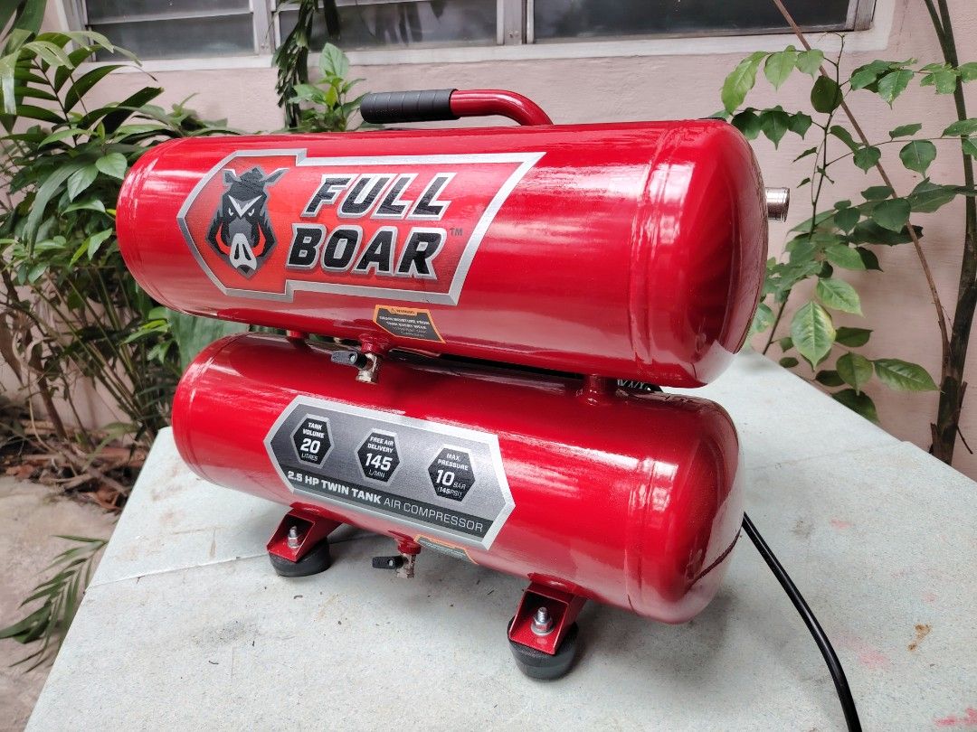 2.5hp twin tank compact air compressor (Category: Construction Tools & Equipment) located in Malolos. Submitted by axe23 (Listing ID 1469114417, Image 1). Description: fullboar twin tank compact air compressor 220v 185 watts Features 145 L/min Free Air Delivery Nitto Style Coupling Powerful 2.5HP motor This compact and portable 2.5HP Twin Tank Air Compressor delivers up to 145L/m and is designed for use with a wide range of air tools such as Nail