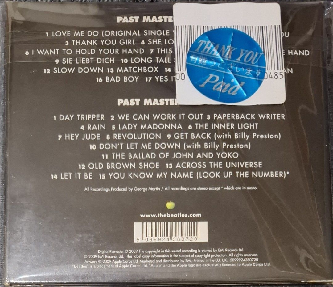 (2CD) The Beatles - Past Masters (Category: CDs & DVDs) located in Makati City. Submitted by decluttermp (Listing ID 1469109395, Image 2). Description: - Item: The Beatles - Past Masters (Compilation Album) - Condition: Brand new, factory-sealed in original plastic wrap - Pressing: EU 2009 Release - Features: Includes hits like Love Me Do, Day Tripper, Hey Jude, and Let It Be - Authenticity: Barcode 5099924380720 visible on back cover - Perfect f