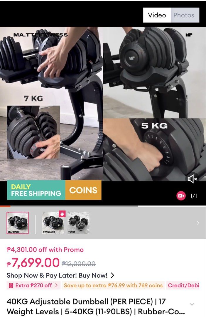 40kg Adjustable Dumbbell Pair with Stand (Category: Weights & Dumbbells) located in Marikina City. Submitted by jmgtech (Listing ID 1469042168, Image 2). Description: - Total Weight: 40kg adjustable dumbbell set (5 to 40kg per piece) - 17 different weight levels for progressive training - Rubber-coated plates with an easy twist selection mechanism - Quick and seamless weight changes - Space-saving design that replaces a full rack of traditional d